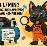 Alex, piesek w ogrodniczkach, pokazuje, jak obliczyć wydajność kompresora. Na etykiecie zbiornika widać dane: 510 L/min i 360 L/min.