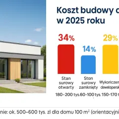 Koszt budowy domu w 2025 roku: stan surowy otwarty (34%), zamknięty (14%), deweloperskie (29%), pod klucz (23%).