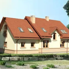 Uroczy dom Karmelita Gold 2m z czerwoną dachówką i balkonem, otoczony zielenią.