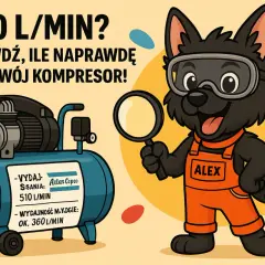 Alex, piesek w ogrodniczkach, pokazuje, jak obliczyć wydajność kompresora. Na etykiecie zbiornika widać dane: 510 L/min i 360 L/min.