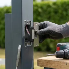 Montaż elektrozaczepu w słupku furtki. Ręka w rękawicy przykręca element zamka. Obok wiertarko-wkrętarka.