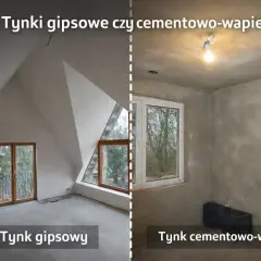 Porównanie: jakie tynki do domu? Tynk gipsowy w jasnym pomieszczeniu ze skosami i oknami, tynk cementowo-wapienny w szarym pokoju z oknem i żarówką.