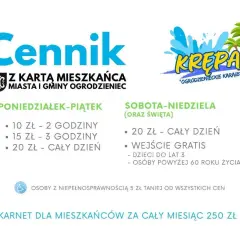 Cennik basenu "Krepa" z podziałem na dni tygodnia, godziny i ceny.