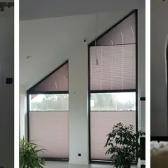 Plisy idealnie pasują do nietypowych, skośnych okien, tworząc przytulną atmosferę.