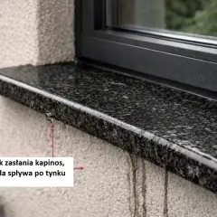 Zacieki na elewacji pod parapetem, woda spływa po tynku, tworząc nieestetyczne ślady.