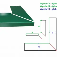 Zielony parapet okno narożne z cięciem 45°. Wymiary A, B, C pokazują długość i głębokość parapetu.