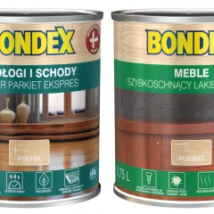 Dwa puszki lakieru Bondex: jeden do podłóg i schodów (lakier parkiet ekspres), drugi do mebli (szybkoschnący).