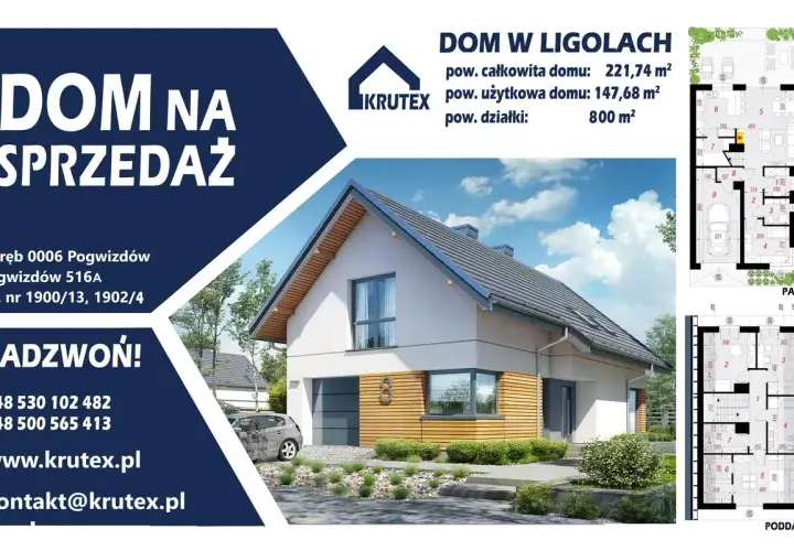 Nowoczesny dom jednorodzinny z garażem, rzuty kondygnacji i dane kontaktowe.