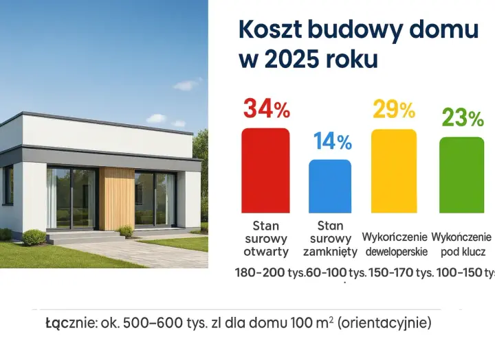 Koszt budowy domu w 2025 roku: stan surowy otwarty (34%), zamknięty (14%), deweloperskie (29%), pod klucz (23%).