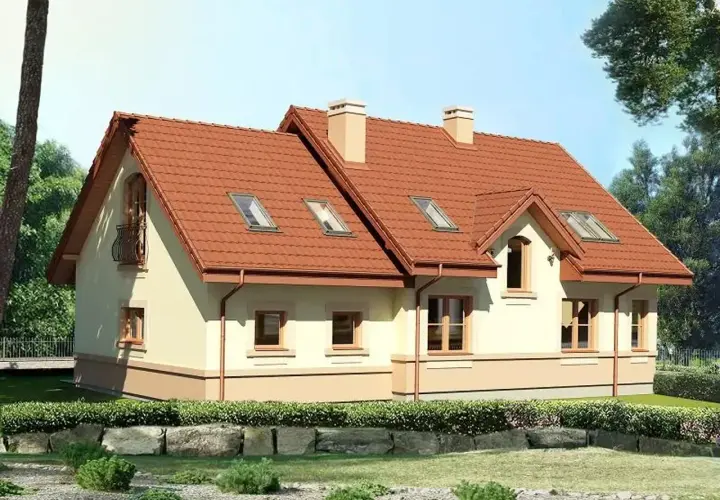 Uroczy dom Karmelita Gold 2m z czerwoną dachówką i balkonem, otoczony zielenią.
