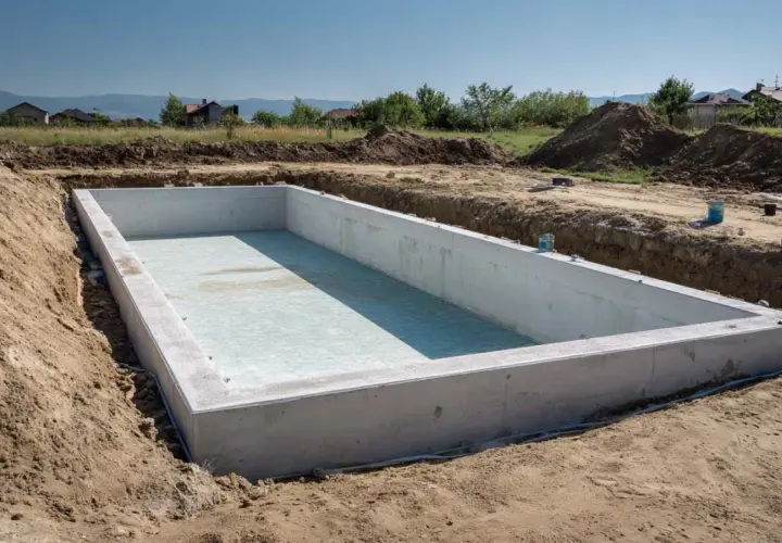 Betonowa niecka basenu wkopana w ziemię, gotowa do dalszych prac. Zastanawiasz się, ile kosztuje budowa basenu w ziemi?