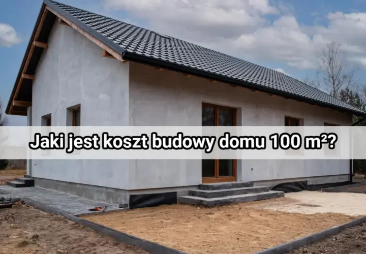 Dom w trakcie budowy, szary tynk, ciemny dach. Pytanie na zdjęciu: Jaki jest koszt budowy domu 100 m²?