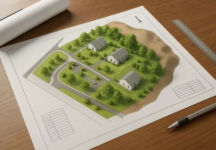 Projekt osiedla z trzema domami. Planowanie, ile kosztuje budowa bloku, wymaga analizy takich projektów.