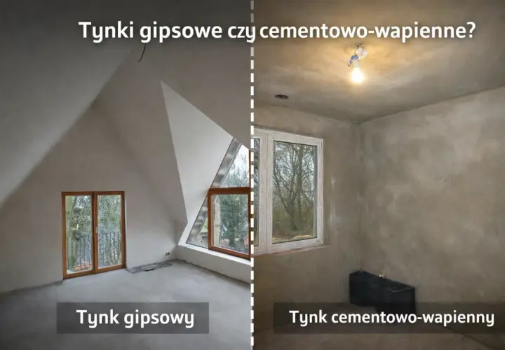 Porównanie: jakie tynki do domu? Tynk gipsowy w jasnym pomieszczeniu ze skosami i oknami, tynk cementowo-wapienny w szarym pokoju z oknem i żarówką.