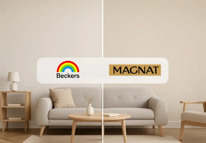 Dwa wnętrza salonu, jedno z logo Beckers, drugie z logo Magnat. Które wybierasz?