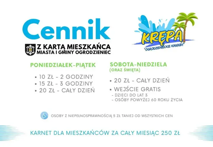 Cennik basenu "Krepa" z podziałem na dni tygodnia, godziny i ceny.