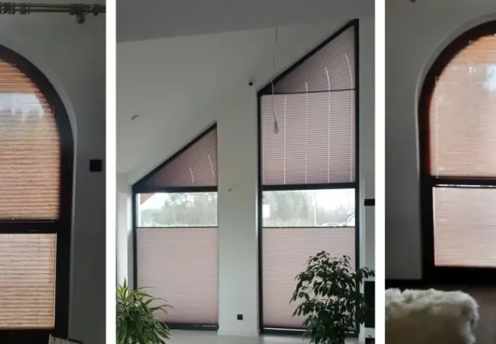 Plisy idealnie pasują do nietypowych, skośnych okien, tworząc przytulną atmosferę.