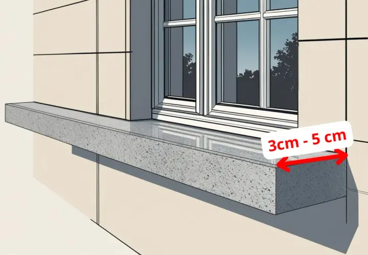 Szary parapet wystaje 3-5 cm poza ścianę.