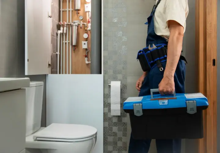 Instalator z narzędziami przy toalecie i instalacji wodnej. Dowiedz się, ile kosztuje zabudowa geberitu płytą GK.