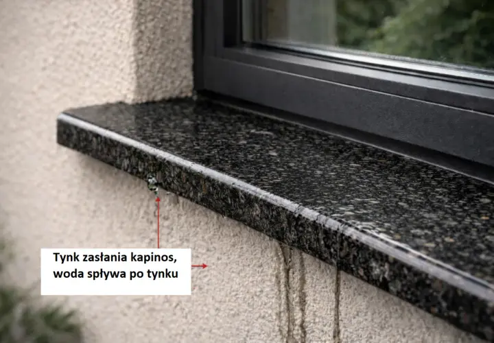 Zacieki na elewacji pod parapetem, woda spływa po tynku, tworząc nieestetyczne ślady.