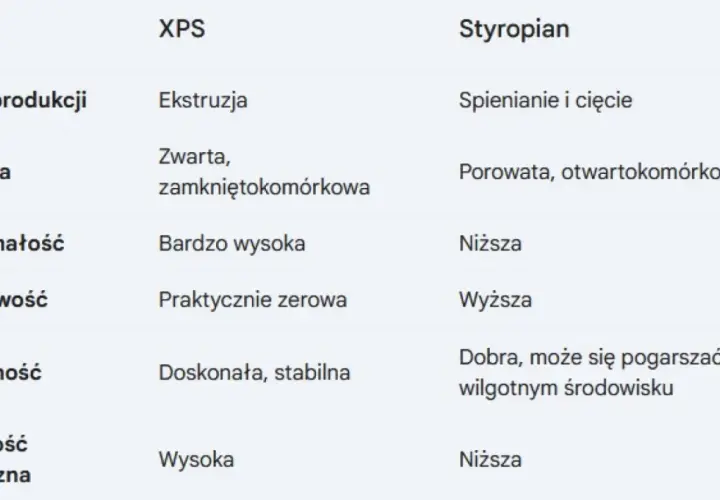 Tabela porównuje cechy XPS i styropianu, pomagając wybrać jaki styropian na fundamenty eps czy xps. XPS ma zwartą strukturę i niską nasiąkliwość, idealny na fundamenty.