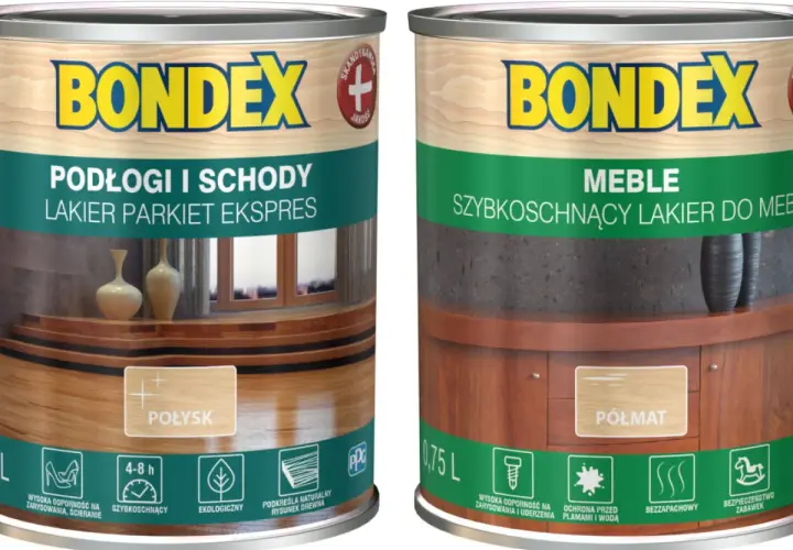 Dwa puszki lakieru Bondex: jeden do podłóg i schodów (lakier parkiet ekspres), drugi do mebli (szybkoschnący).