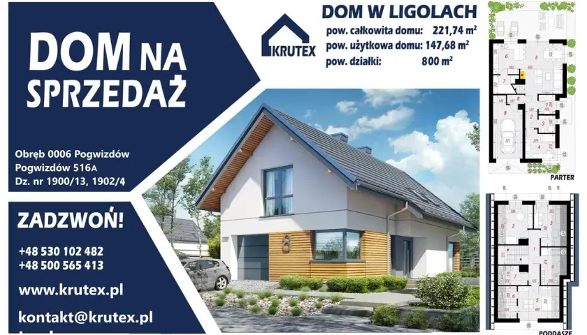 Nowoczesny dom jednorodzinny z garażem, rzuty kondygnacji i dane kontaktowe.