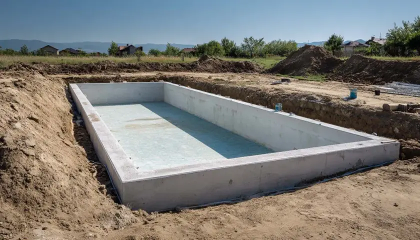 Betonowa niecka basenu wkopana w ziemię, gotowa do dalszych prac. Zastanawiasz się, ile kosztuje budowa basenu w ziemi?
