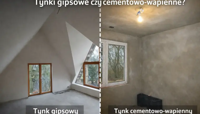 Porównanie: jakie tynki do domu? Tynk gipsowy w jasnym pomieszczeniu ze skosami i oknami, tynk cementowo-wapienny w szarym pokoju z oknem i żarówką.