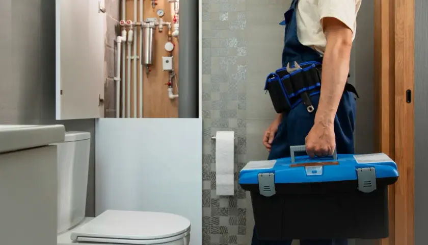 Instalator z narzędziami przy toalecie i instalacji wodnej. Dowiedz się, ile kosztuje zabudowa geberitu płytą GK.