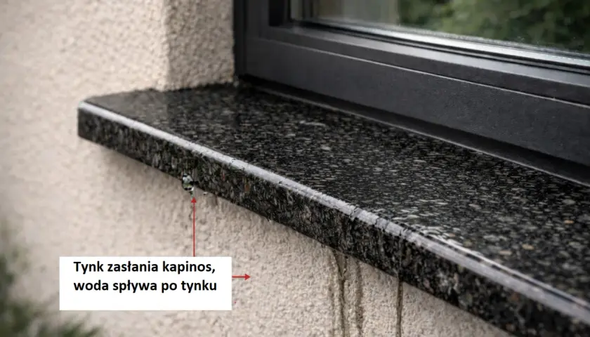 Zacieki na elewacji pod parapetem, woda spływa po tynku, tworząc nieestetyczne ślady.