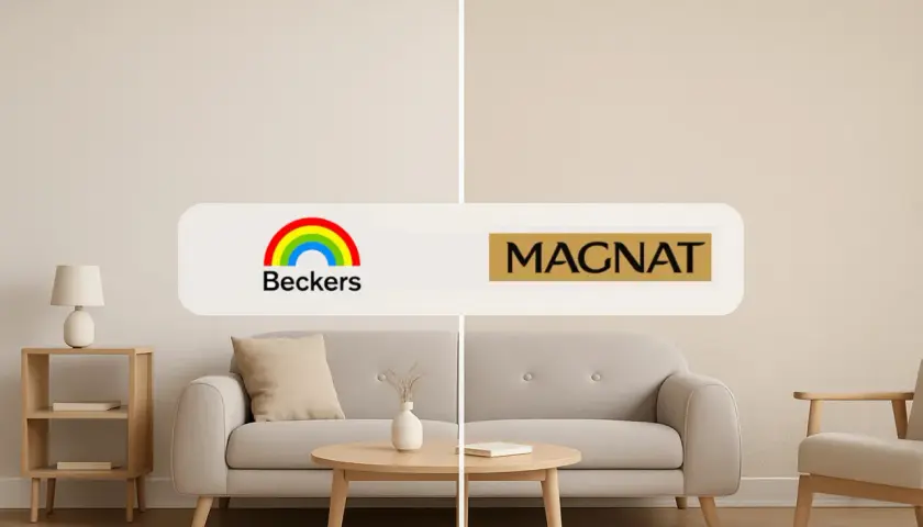 Porównanie odcieni ścian: Beckers vaggfärg i Magnat. Eleganckie wnętrze z sofą i stolikiem.