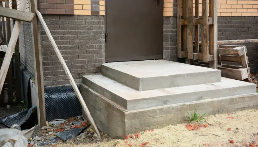 Solidny fundament pod schody z betonu, gotowy na dalsze prace budowlane. Obok widać materiały budowlane i fragment domu.