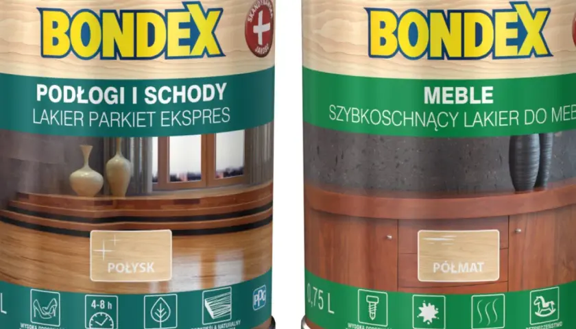 Dwa puszki lakieru Bondex: jeden do podłóg i schodów (lakier parkiet ekspres), drugi do mebli (szybkoschnący).