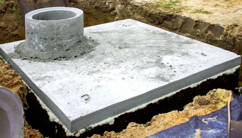 Betonowa płyta fundamentowa z kominem szamba, przygotowana do dalszych prac. Zastanawiasz się, ile kosztuje montaż szamba?