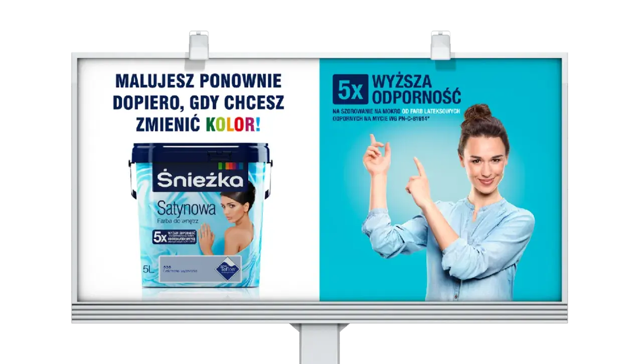 Śnieżka Satynowa farba do wnętrz. Wybierz swoje ulubione kolory i ciesz się 5x wyższą odpornością na szorowanie.