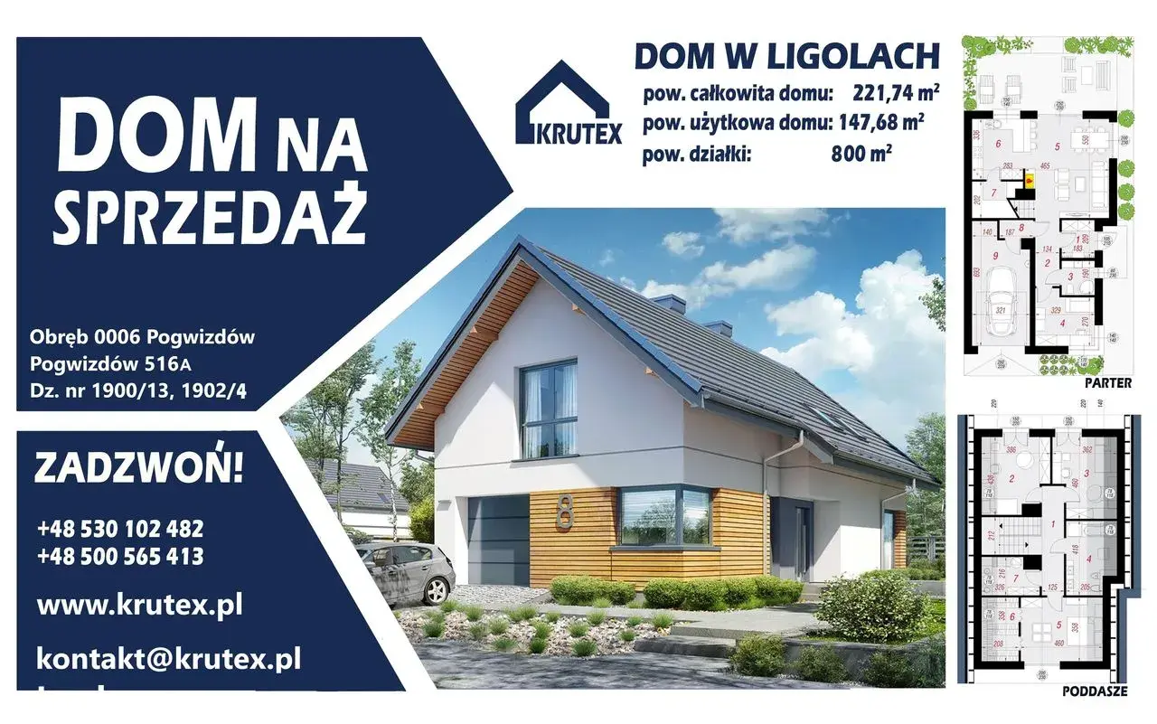 Nowoczesny dom jednorodzinny z garażem, rzuty kondygnacji i dane kontaktowe.