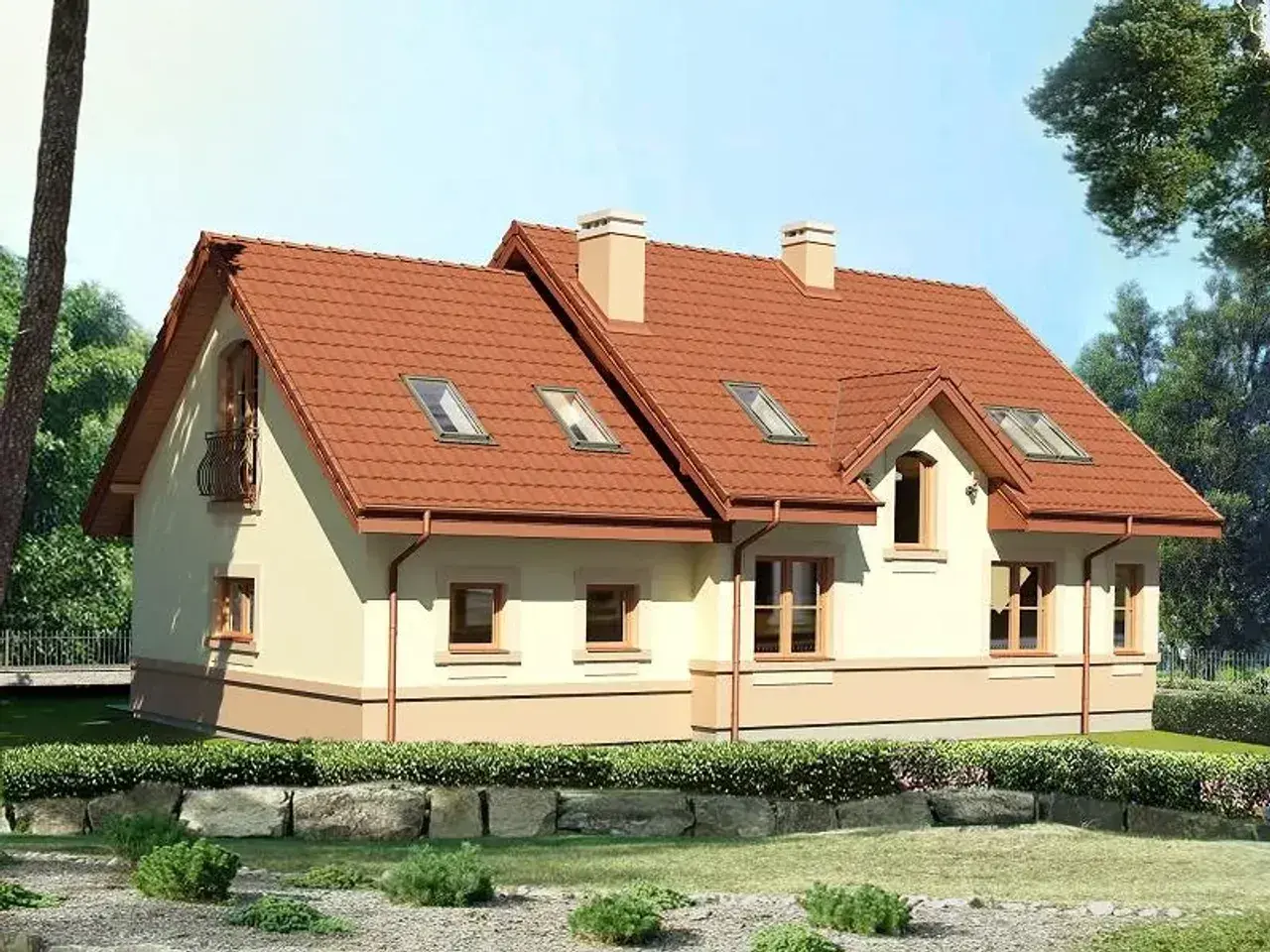 Uroczy dom Karmelita Gold 2m z czerwoną dachówką i balkonem, otoczony zielenią.