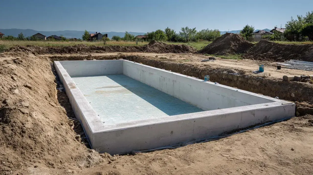 Betonowa niecka basenu wkopana w ziemię, gotowa do dalszych prac. Zastanawiasz się, ile kosztuje budowa basenu w ziemi?