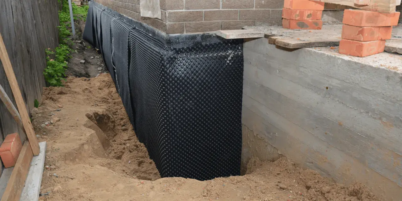 Folia kubełkowa chroni betonowy cokół przed wilgocią. Widać wykop i materiały budowlane.