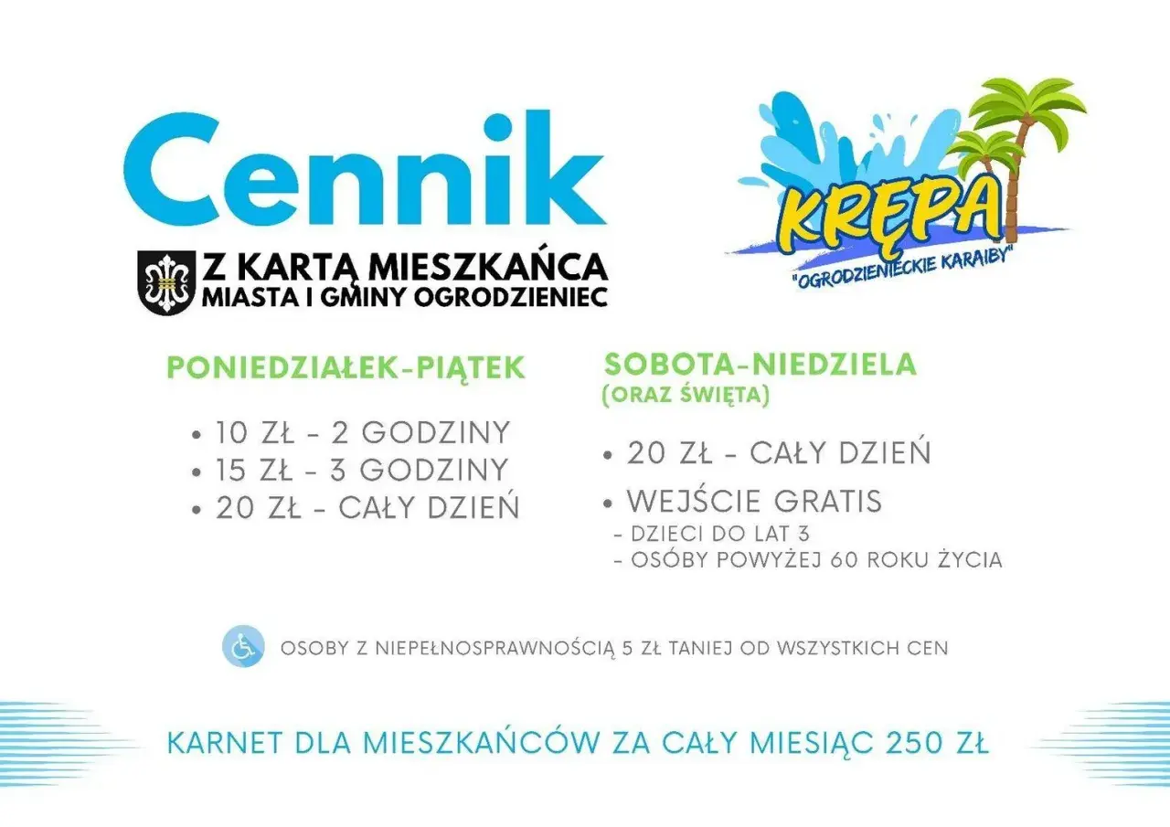 Cennik basenu "Krepa" z podziałem na dni tygodnia, godziny i ceny.