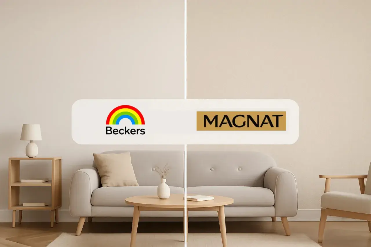 Porównanie odcieni ścian: Beckers vaggfärg i Magnat. Eleganckie wnętrze z sofą i stolikiem.