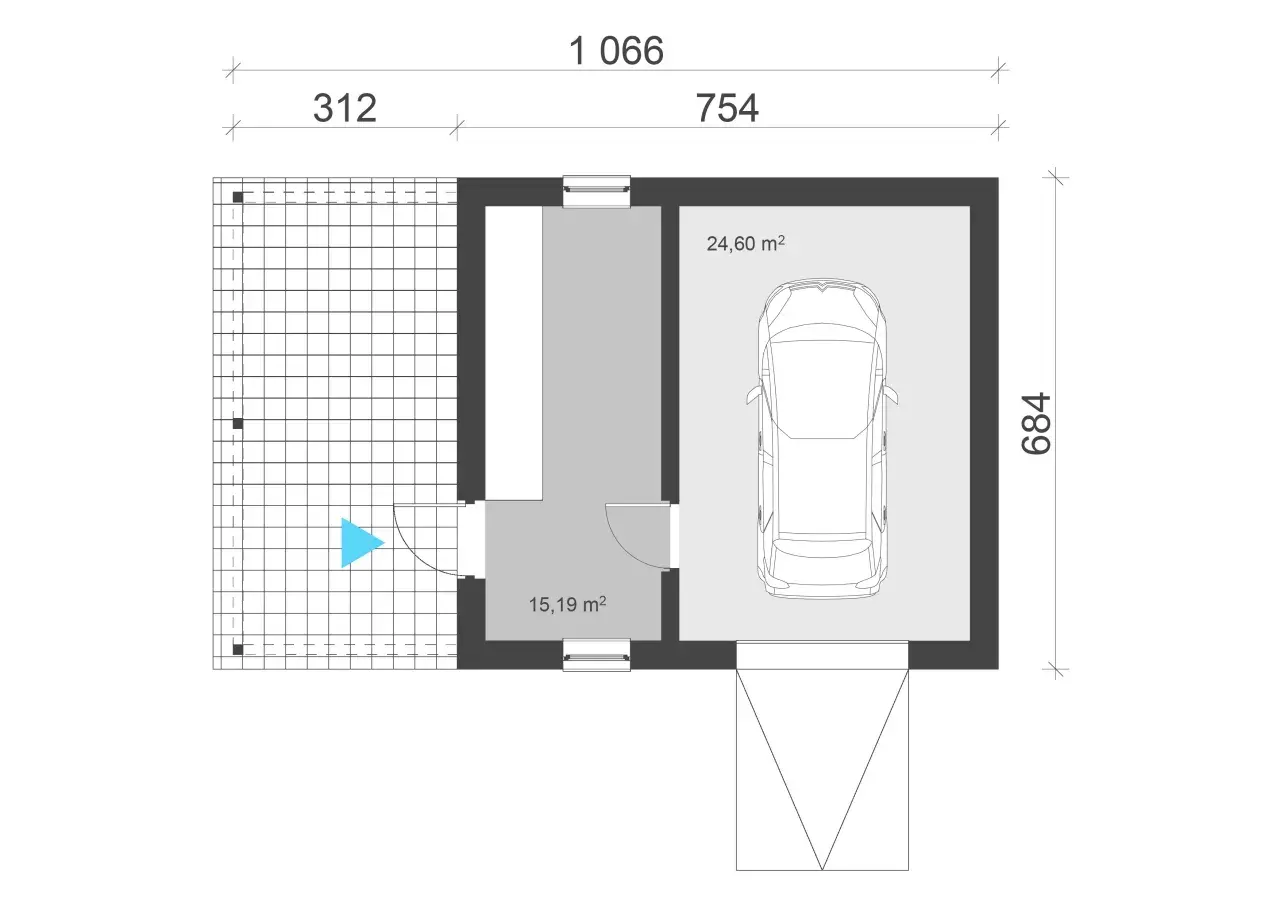 Rzut garażu jednostanowiskowego z wymiarami: 10,66m x 6,84m. Wnętrze 24,60 m² na auto i 15,19 m² pomieszczenie gospodarcze.