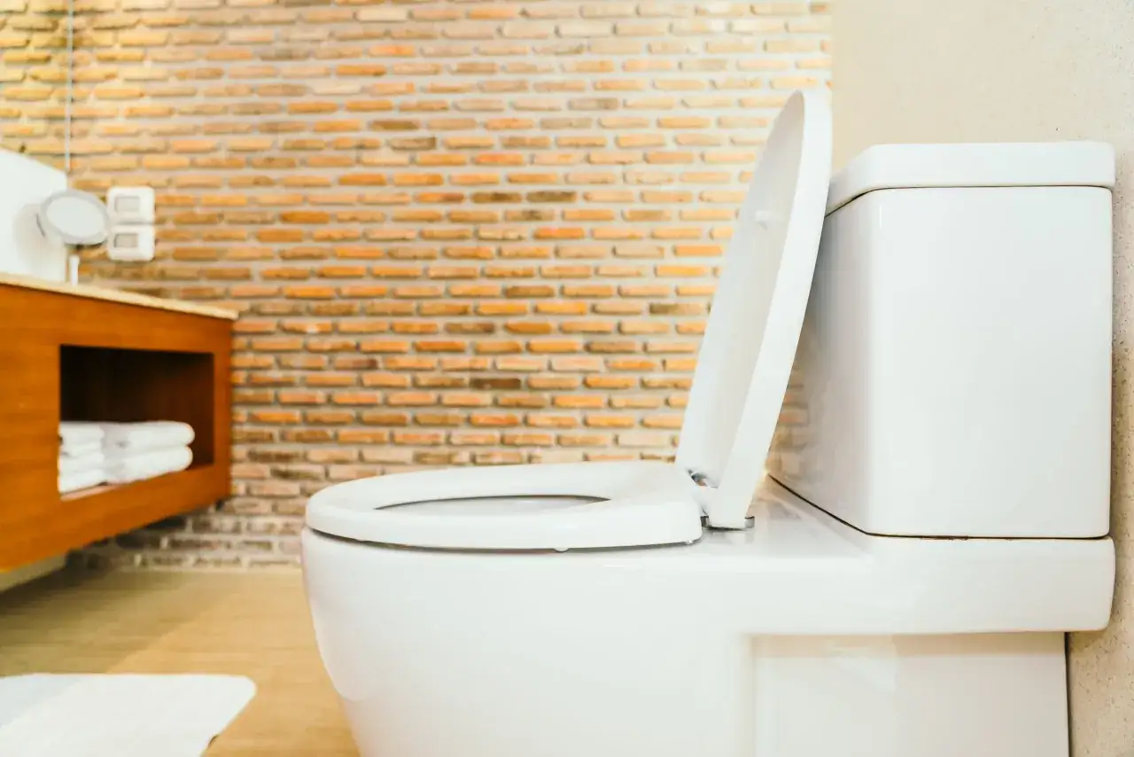 Nowoczesna biała miska WC z deską, na tle ceglanej ściany. Zastanawiasz się, ile kosztuje montaż geberitu z zabudową?