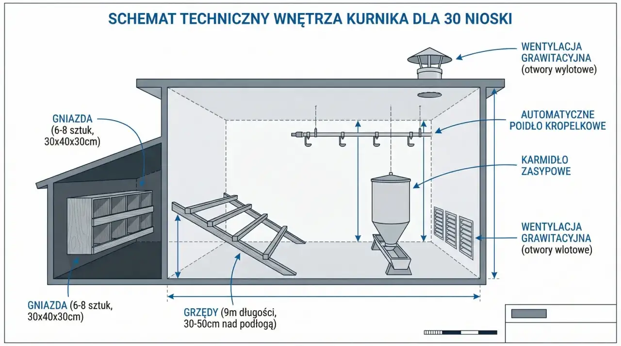 Schemat kurnika dla 30 niosek: gniazda, grzędy, karmidło, poidełko, wentylacja. Pozwala oszacować, ile kosztuje postawienie kurnika.