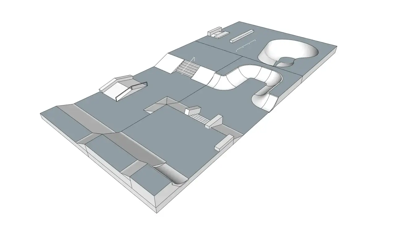 Projekt nowoczesnego skateparku z rampami, schodami i basenem. Zastanawiasz się, ile kosztuje skatepark?