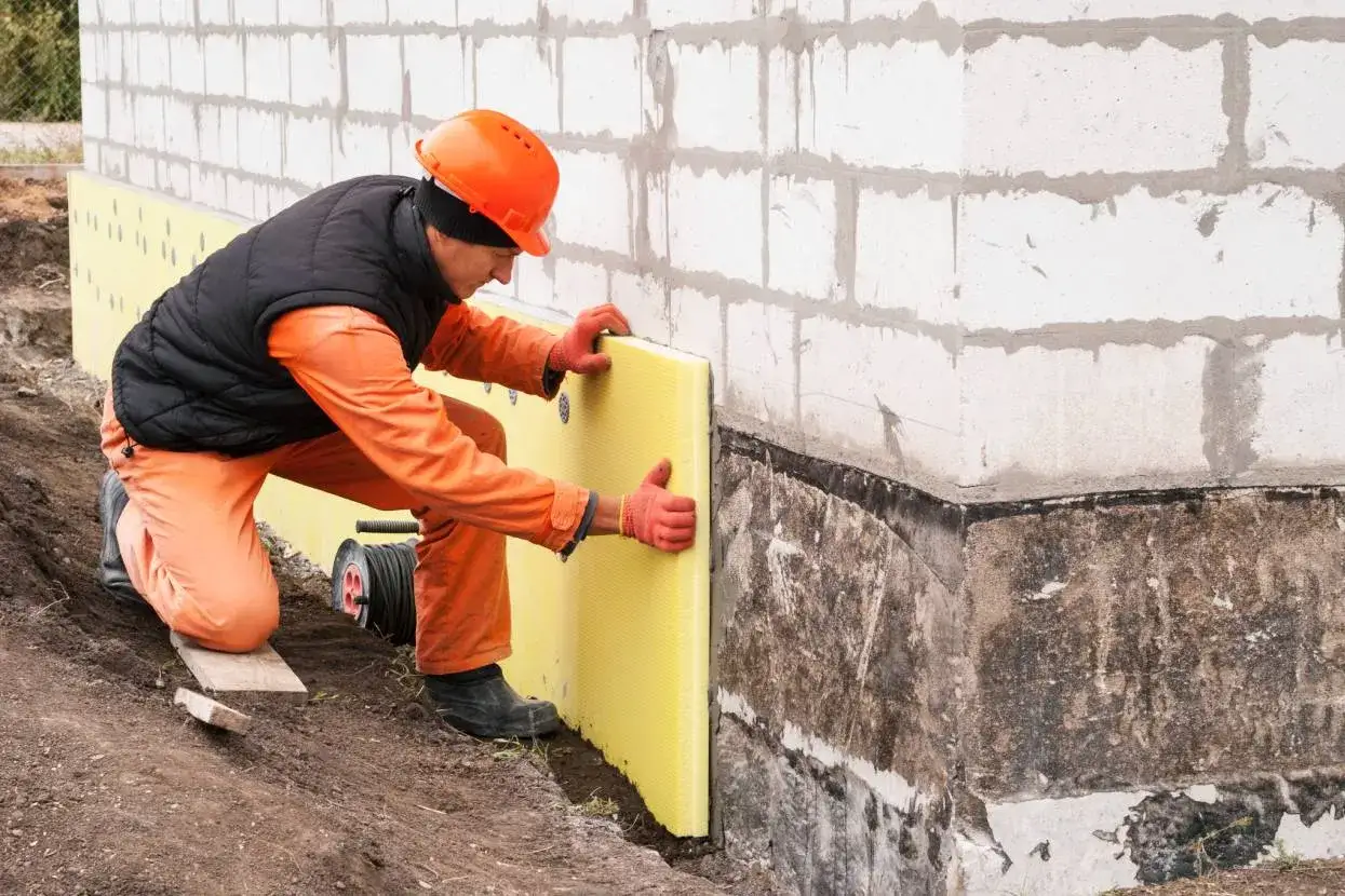 Budowlaniec w pomarańczowym stroju montuje żółty styrodur na fundamenty, zabezpieczając budynek przed zimnem.