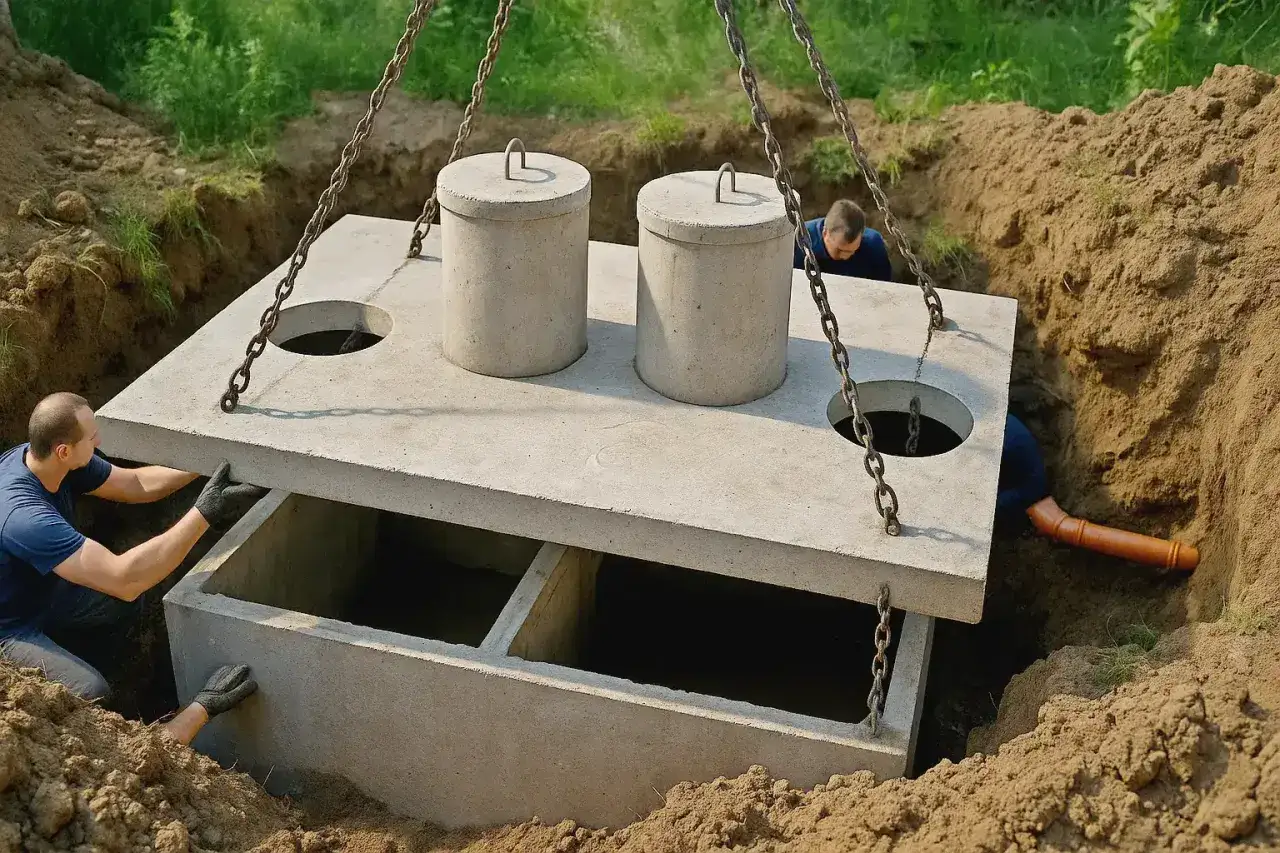 Montaż szamba: pracownicy opuszczają betonową pokrywę na betonowy zbiornik. Sprawdź, ile kosztuje montaż szamba.