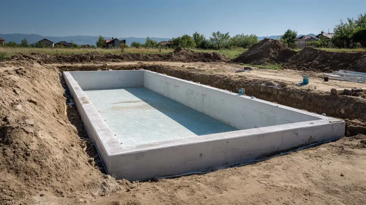 Betonowa niecka basenowa w wykopie. Zastanawiasz się, ile kosztuje budowa basenu w ogrodzie? To pierwszy krok do relaksu.