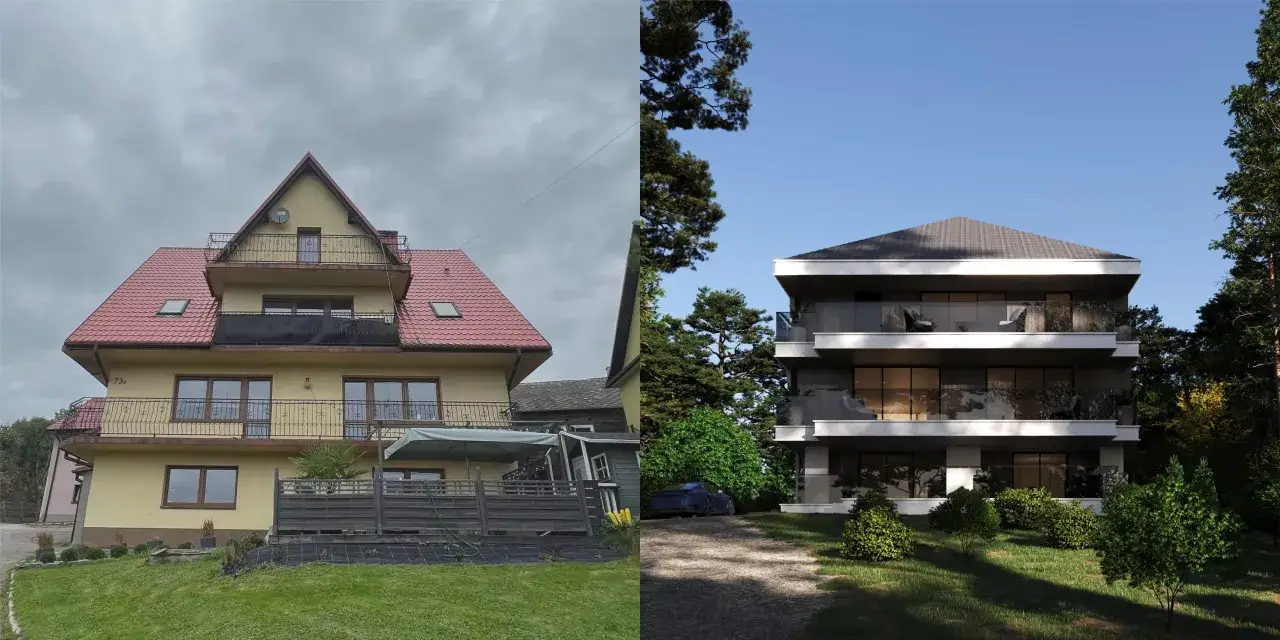 Przed i po: stary żółty dom kontra nowoczesny apartamentowiec. Zastanawiasz się, ile kosztuje rozbudowa domu?